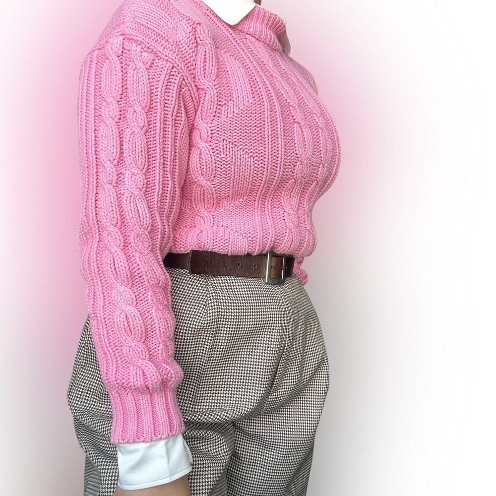 Classic Pink Cable Knit 100% Cotton Sweater Preppy Style Mock neck - Small - Picture 7 of 11